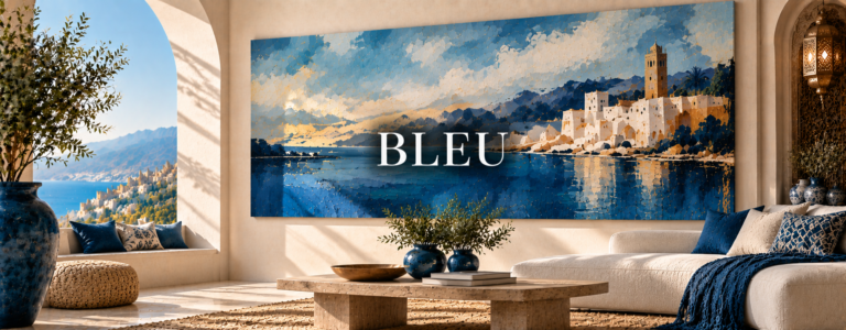 Salon méditerranéen bleu avec décoration murale