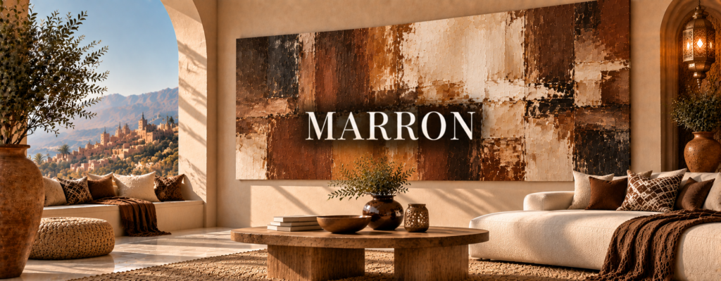 Salon marocain en tons marron avec tableau décoratif