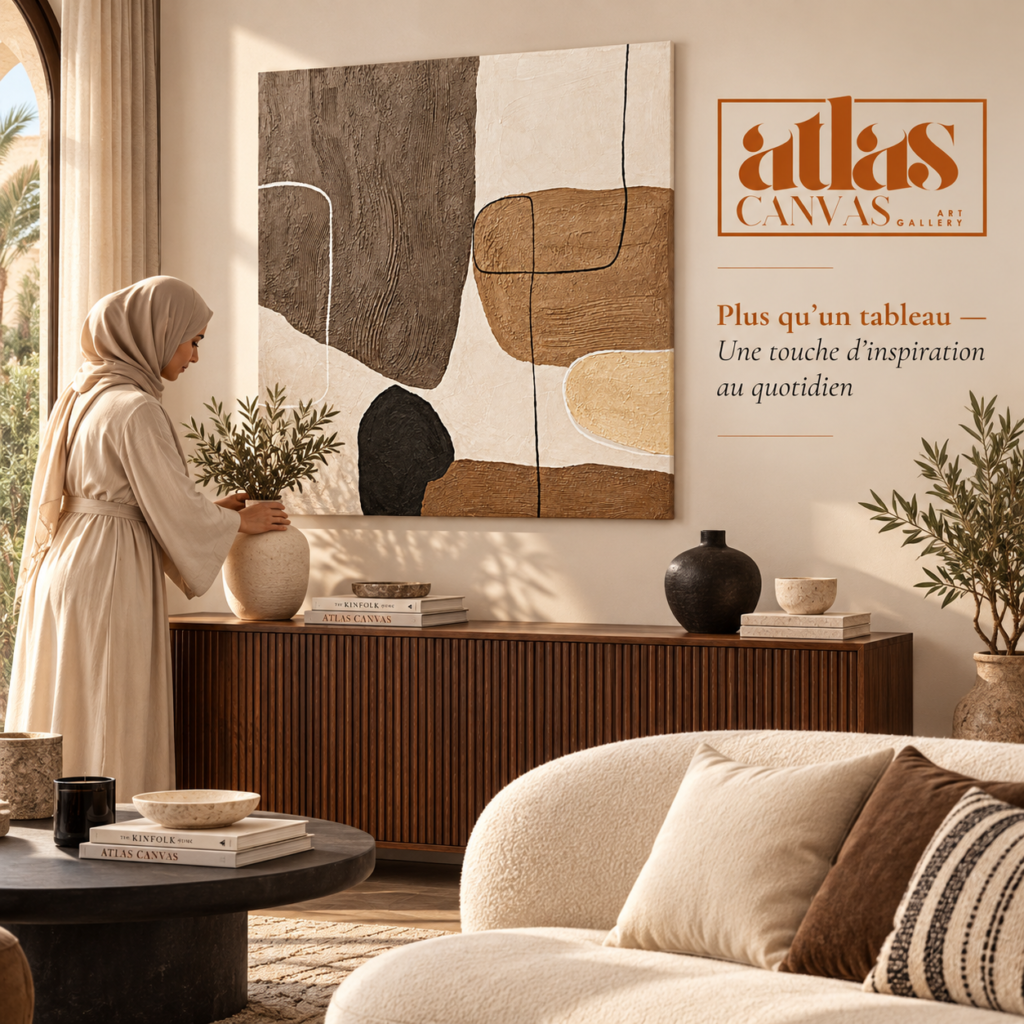 Toile abstraite aux tons terre dans un intérieur chaleureux